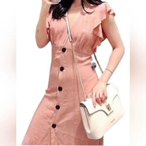 Zara Pink Linen Ruffle Sleeve Button-down Dress Size Large Spring Summer Boho